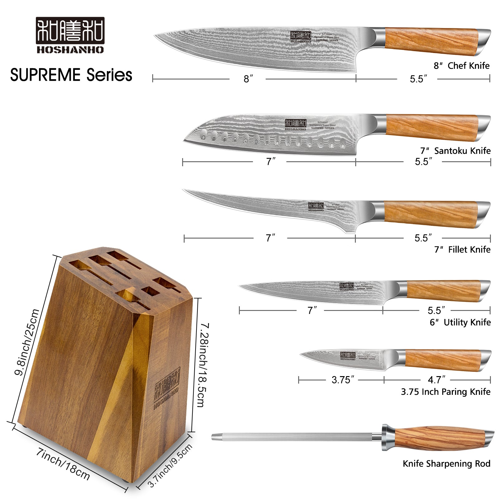 7-teiliges Damastmesser-Set mit Block – 67-lagige Superstahl-Küchenmesser zum Kochen