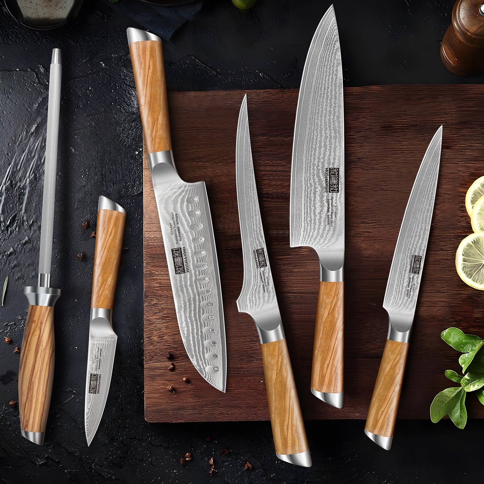 7-teiliges Damastmesser-Set mit Block – 67-lagige Superstahl-Küchenmesser zum Kochen