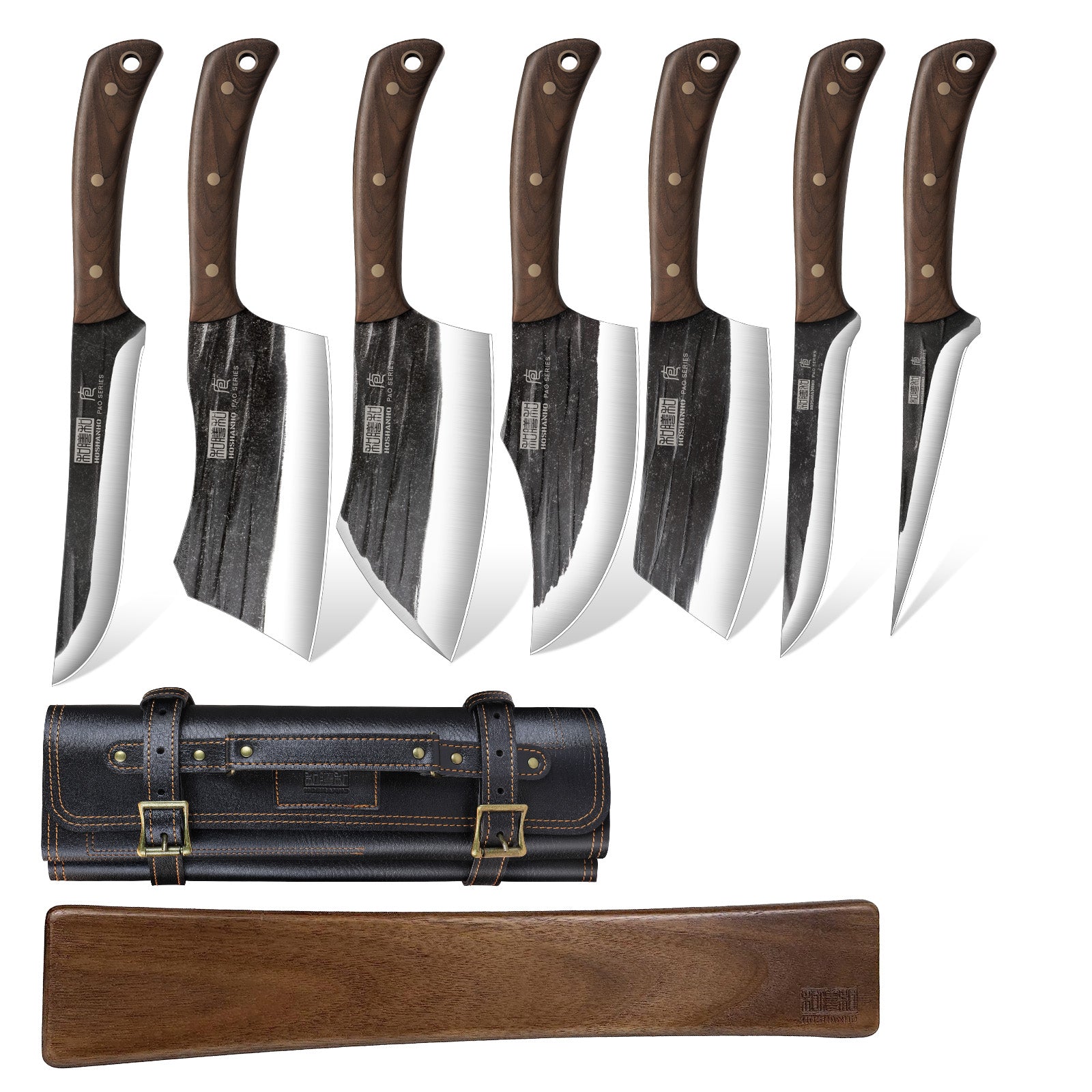 Handgeschmiedetes Metzgermesser-Set mit Rolltasche – Fleischerbeil, Knochenhacker und Filetiermesser für Zuhause, Camping und Grillen