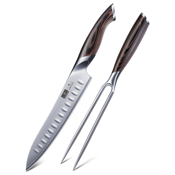 8" Carving Knife & 7" Fork Set Japanese High Carbon Brisket Slicer for BBQ
