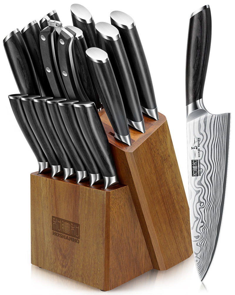 Ensemble de 16 couteaux avec bloc – Couteaux de cuisine en acier à haute teneur en carbone avec affûteur et manche en bois de pakka 