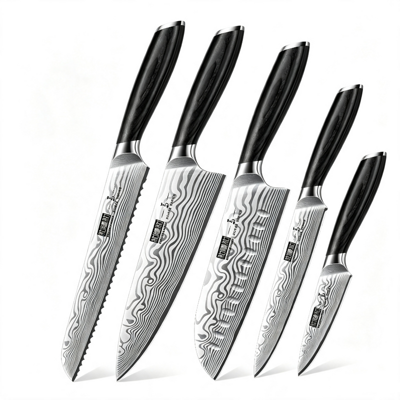 Ensemble de 5 couteaux de chef professionnels en acier poudré avec manche en bois de Pakkawood – Couteaux de cuisine japonais ultra-tranchants 