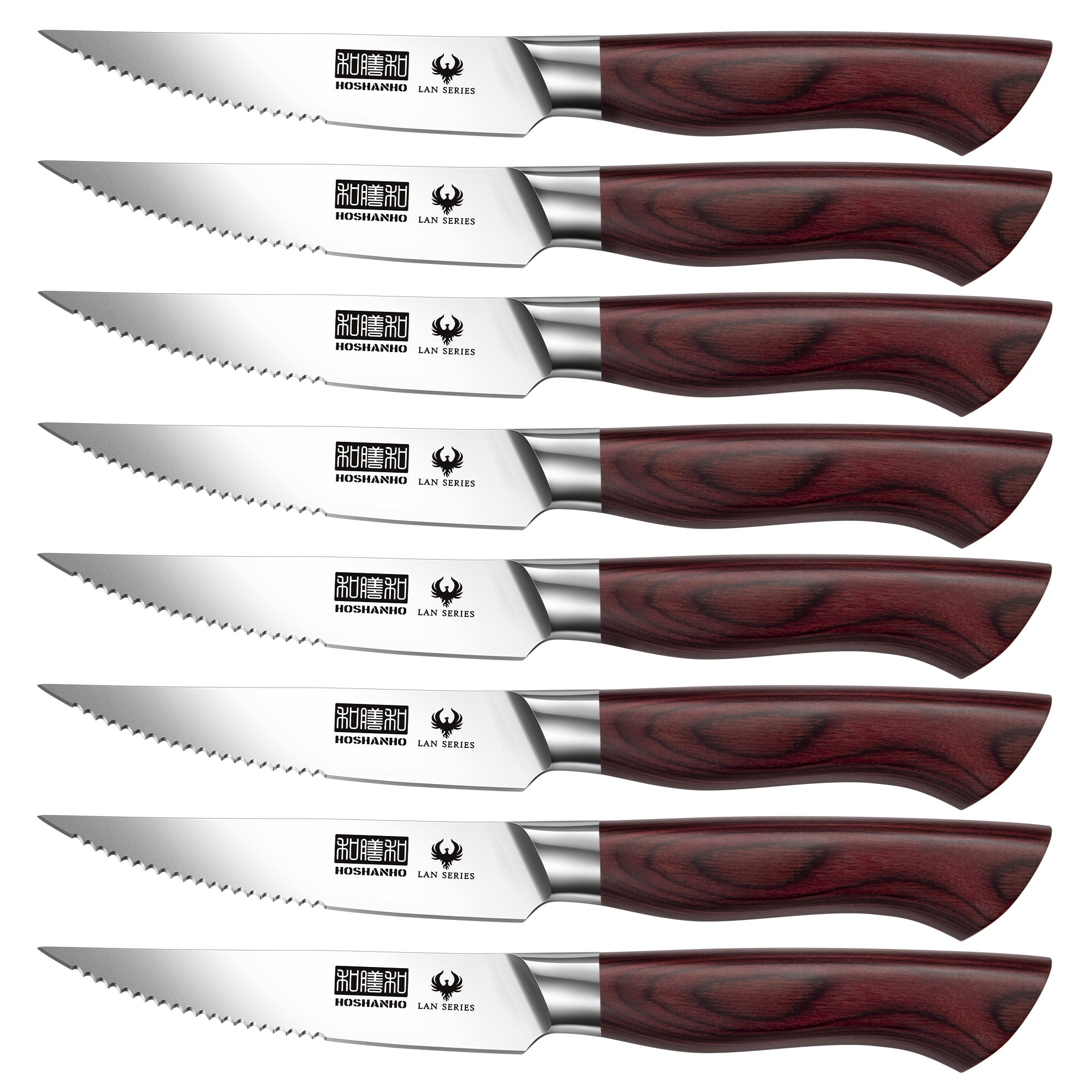 Juego de 8 cuchillos para carne: cuchillos dentados de acero inoxidable de alto carbono de 4,5 pulgadas con mango ergonómico de madera. 