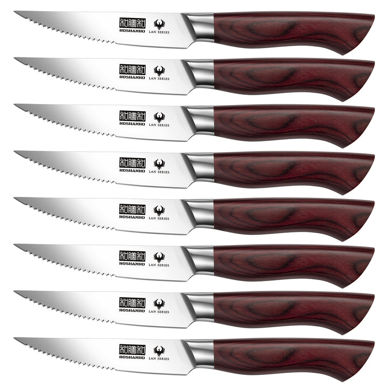 8-teiliges Steakmesser-Set – 4,5 Zoll große Wellenschliffmesser aus kohlenstoffreichem Edelstahl mit ergonomischem Holzgriff 