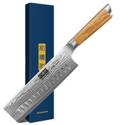 Cuchillo nakiri de Damasco de 6,5 pulgadas (VG-10, japonés, para cortar verduras y cortar carne) con mango de madera de olivo 