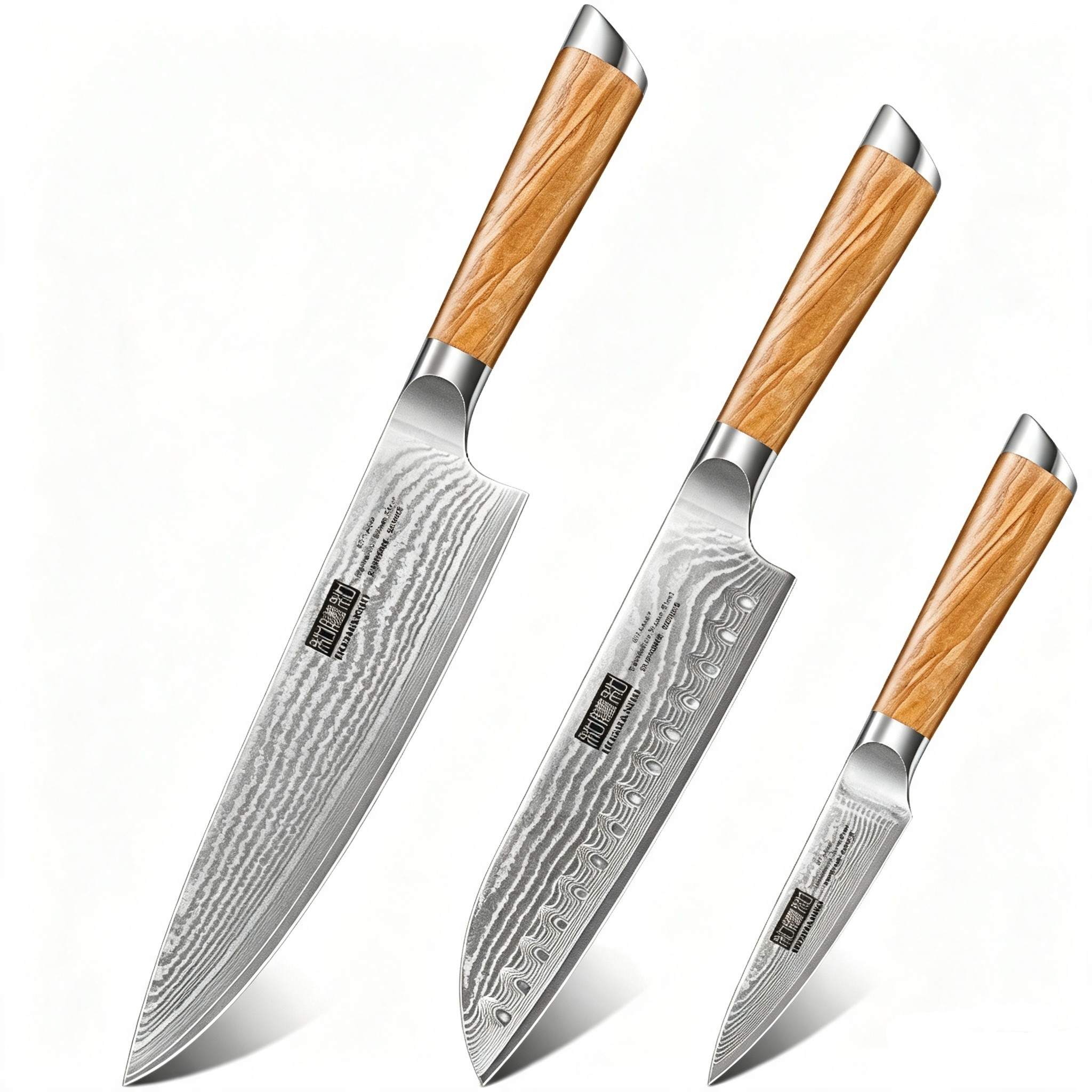3-Piece Damascus Knife Set – VG-10 Chef, Santoku & Paring Knives with Ergonomic Handle