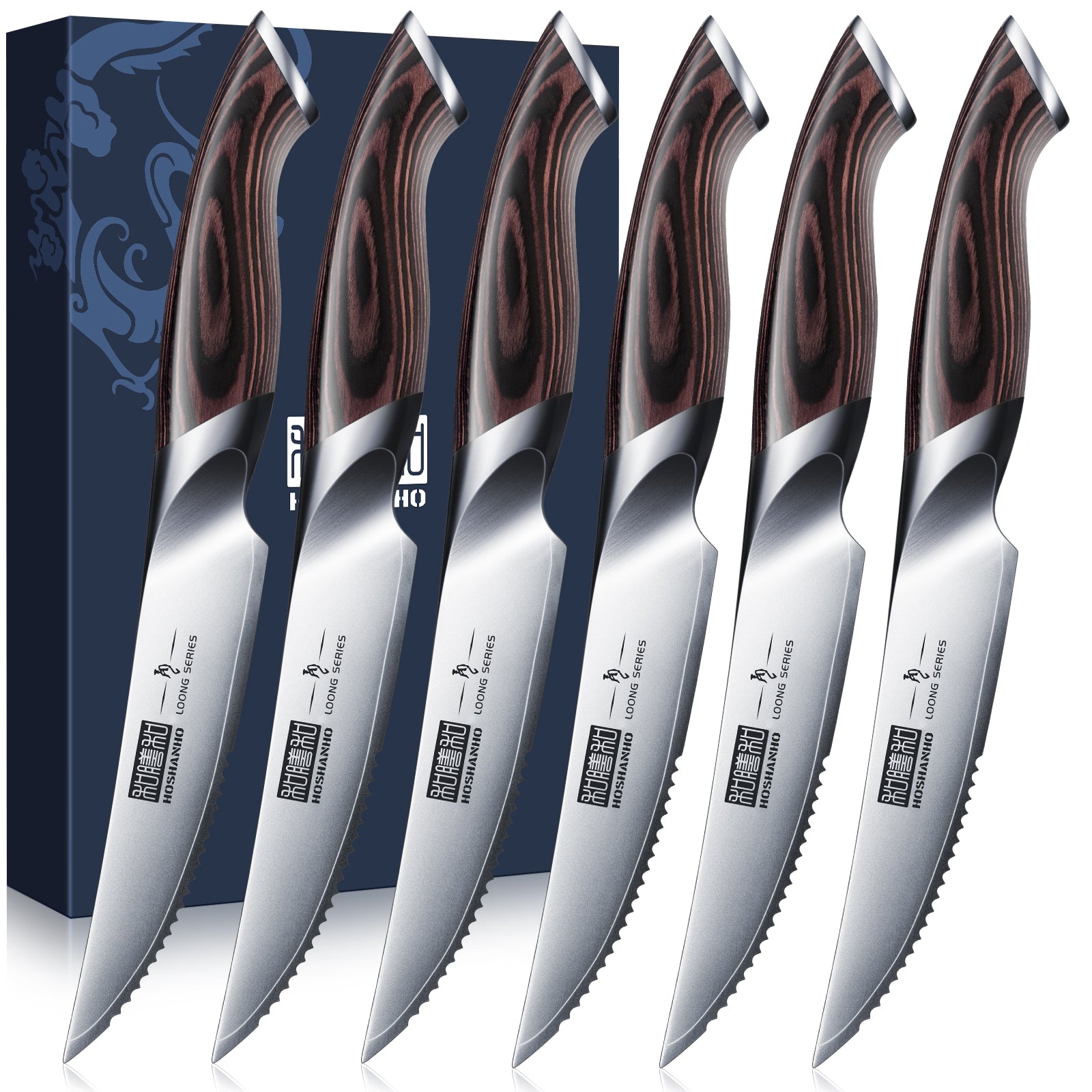 Juego de 6 cuchillos para carne: cuchillos japoneses de acero al carbono AUS-10 de 4,5 pulgadas con serraje y mango ergonómico. 
