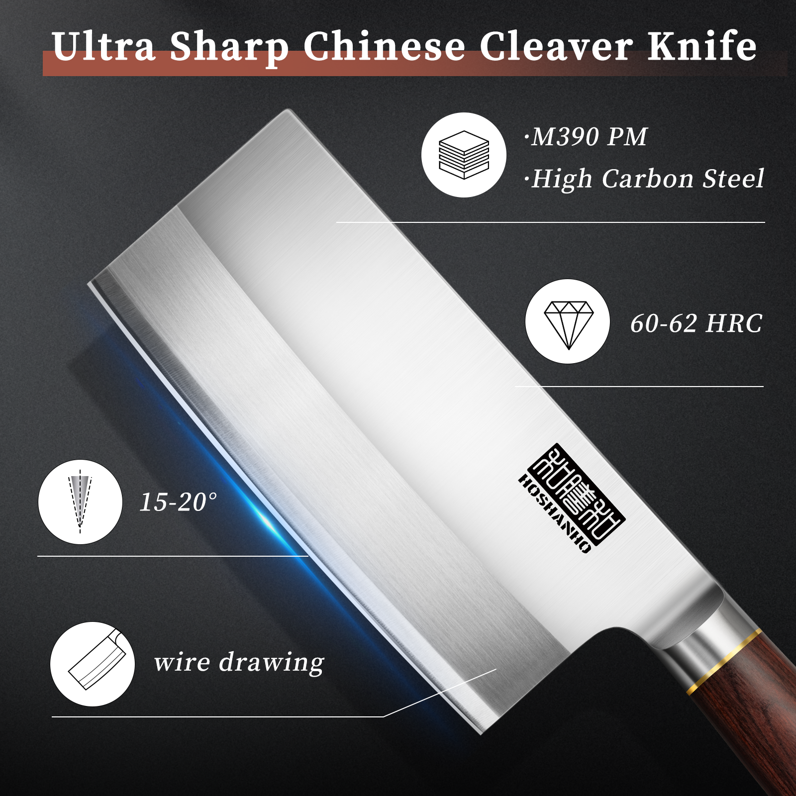 Cuchillo de carnicero chino ultraafilado: cuchillo de carnicero de acero al carbono y pólvora con mango de madera. 