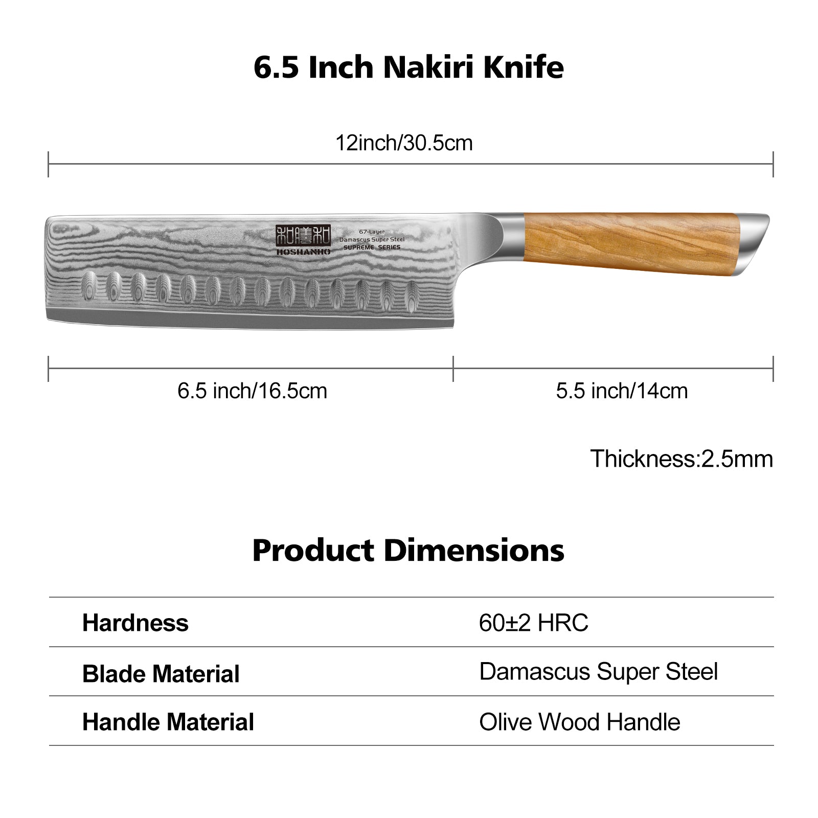 Cuchillo nakiri de Damasco de 6,5 pulgadas (VG-10, japonés, para cortar verduras y cortar carne) con mango de madera de olivo 
