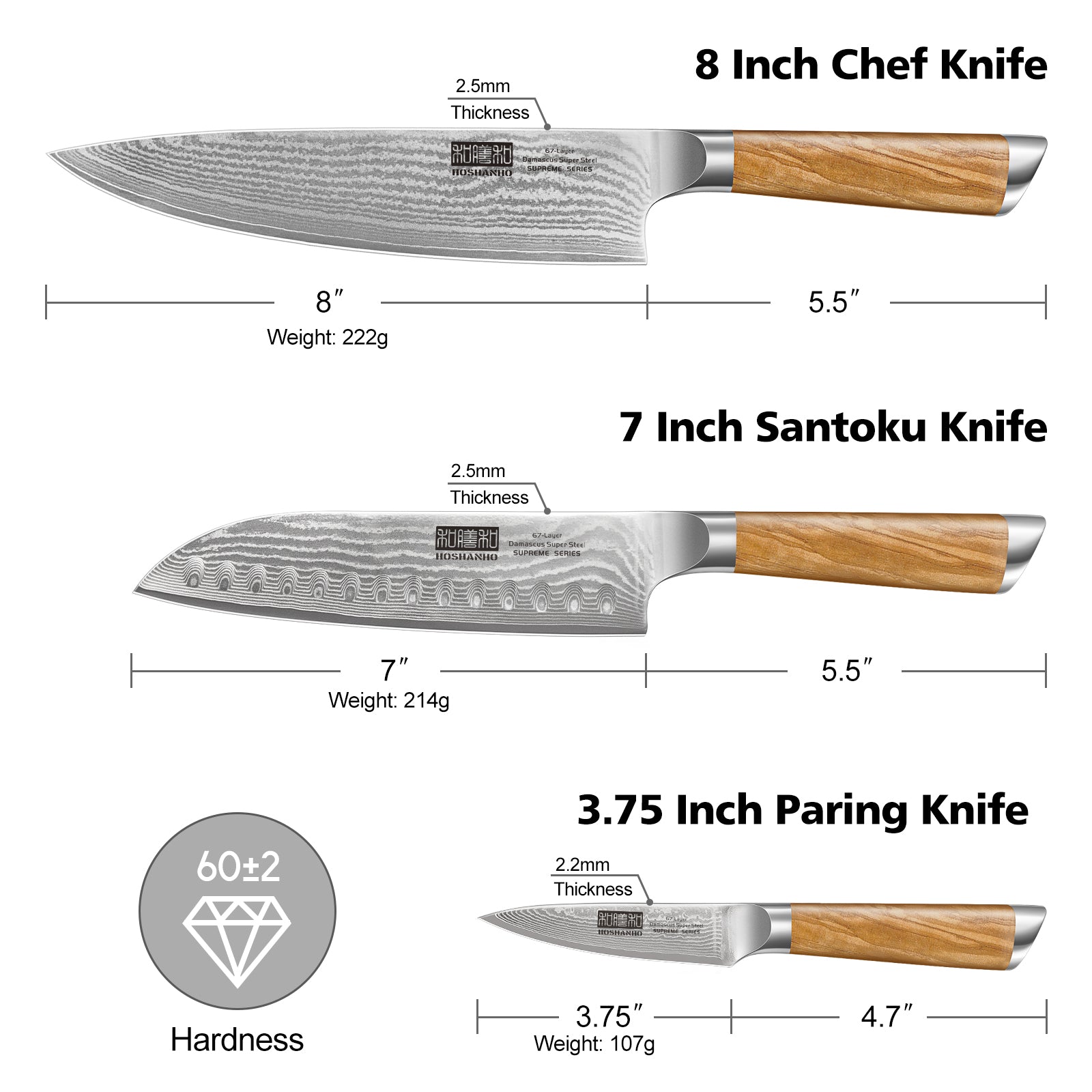 3-teiliges Damastmesser-Set – VG-10 Koch-, Santoku- und Schälmesser mit ergonomischem Griff 