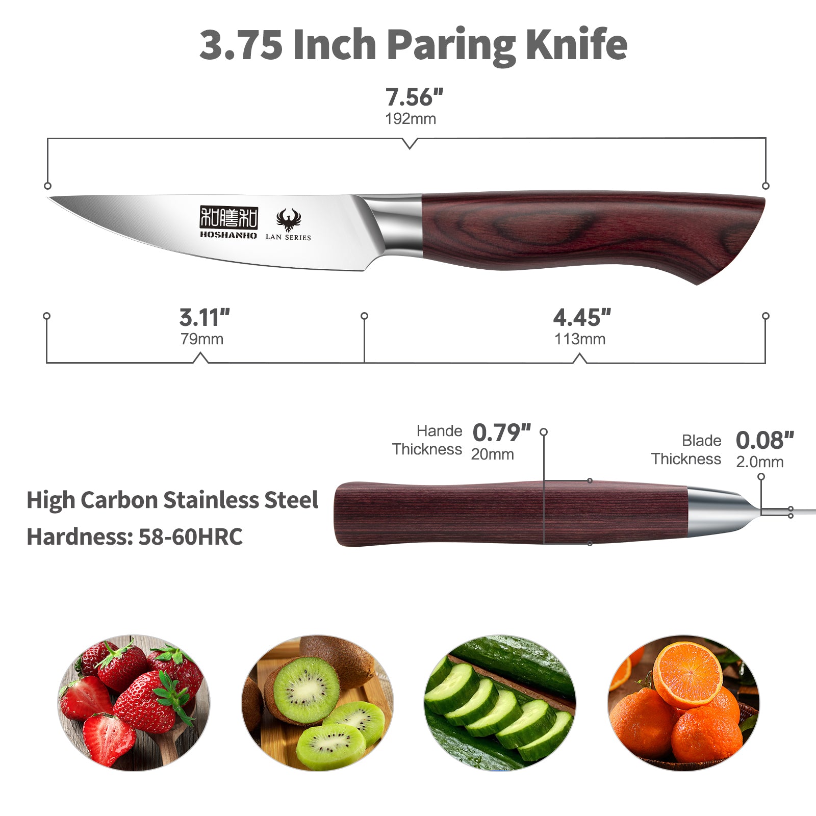Cuchillo para pelar de 9,5 cm: cuchillo japonés para fruta de acero inoxidable con alto contenido de carbono y mango ergonómico de madera. 