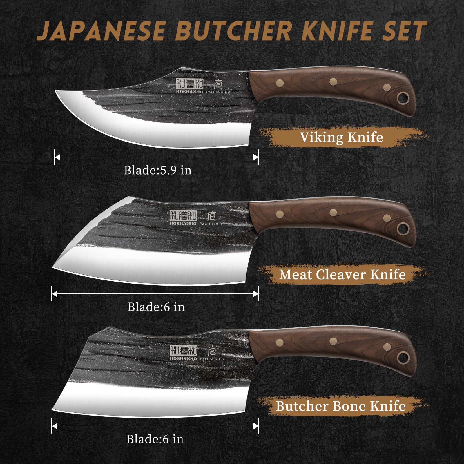 3-Piece Butcher Knife Set – Heavy Duty Meat Cleaver, Bone Chopper & Viking Knife for Home, Cooking & BBQ