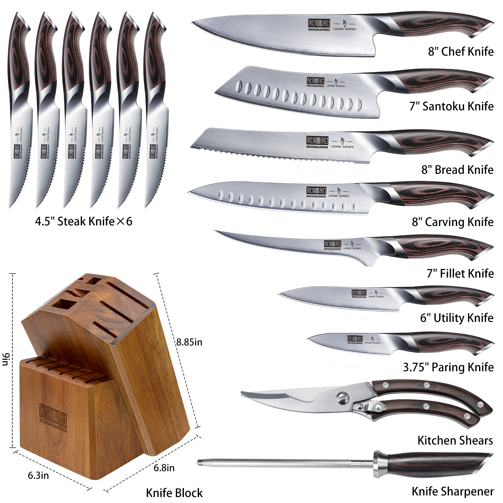 Juego de cuchillos de cocina japoneses de acero inoxidable AUS-10 de 16 piezas con bloque y afilador 