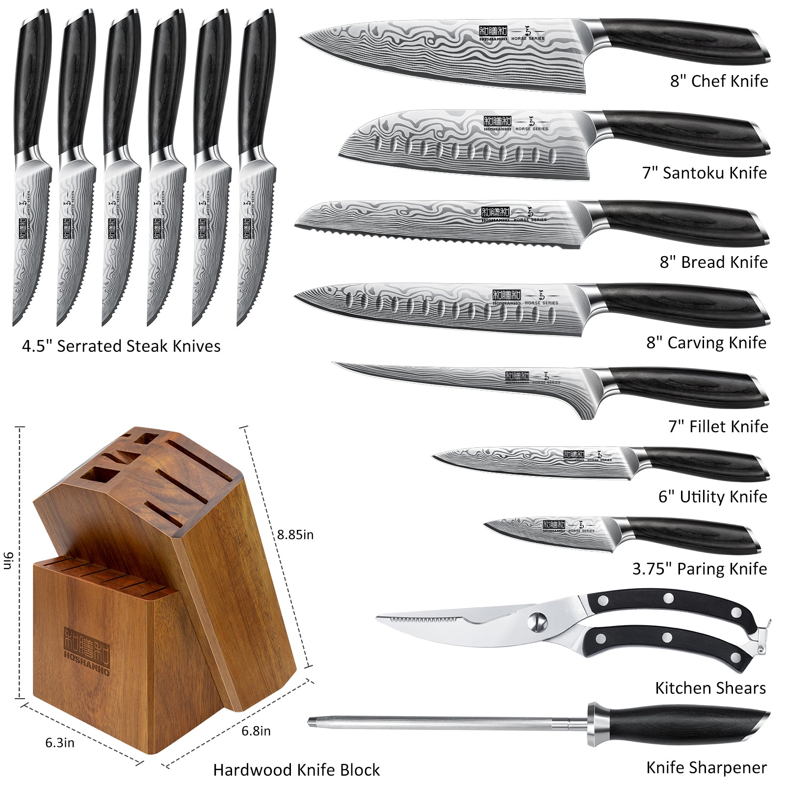 16-Piece Knife Set with Block – High Carbon Powder Steel Kitchen Knives with Sharpener & Pakkawood Handle