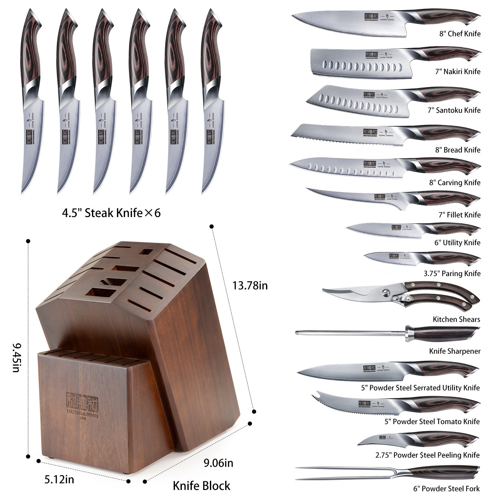 16-teiliges Küchenmesserset aus japanischem AUS-10-Edelstahl mit Block und Schärfer 