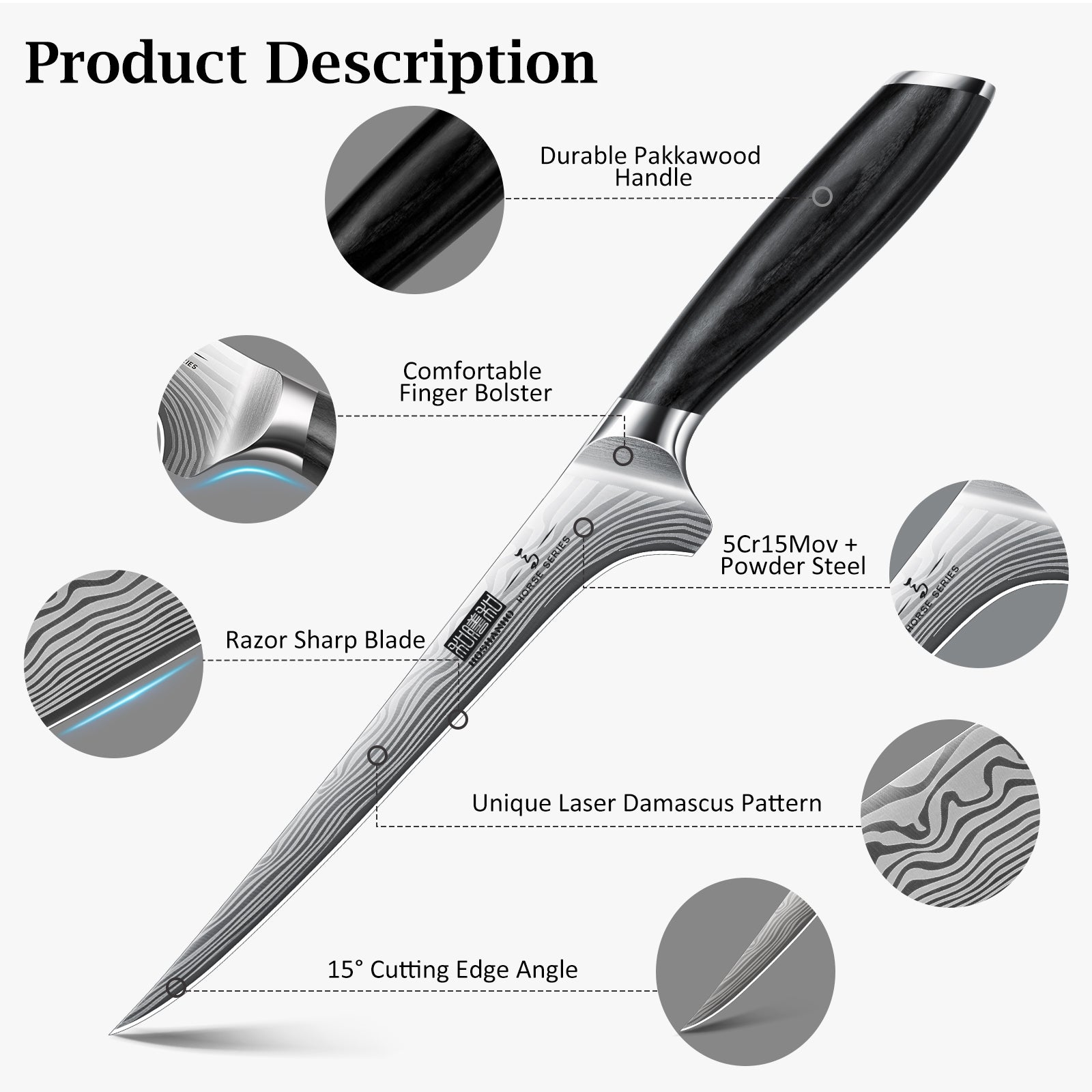 7-Inch Fillet Knife – High Carbon Powder Steel Boning Knife for Meat & Poultry with Flexible Blade & Pakkawood Handle