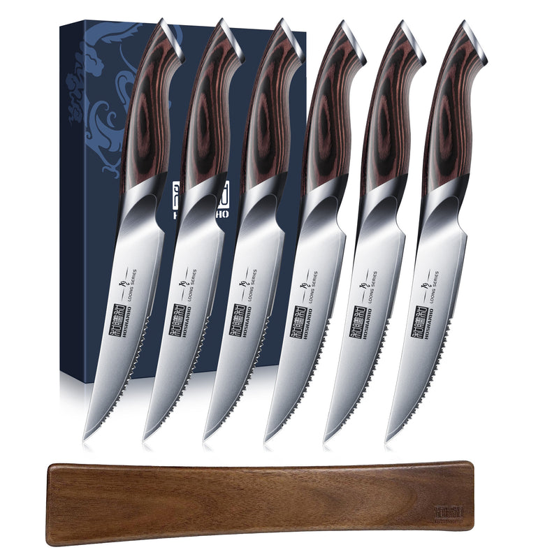 6-teiliges Steakmesser-Set – 4,5 Zoll lange japanische AUS-10-Messer mit Wellenschliff aus Kohlenstoffstahl mit ergonomischem Griff 