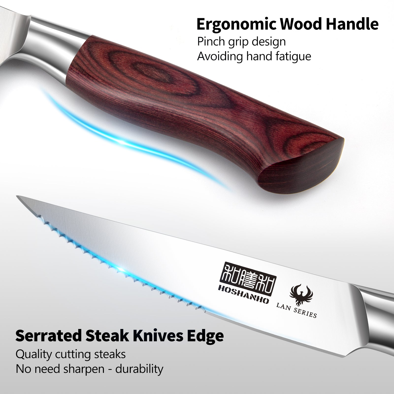 Juego de 8 cuchillos para carne: cuchillos dentados de acero inoxidable de alto carbono de 4,5 pulgadas con mango ergonómico de madera. 
