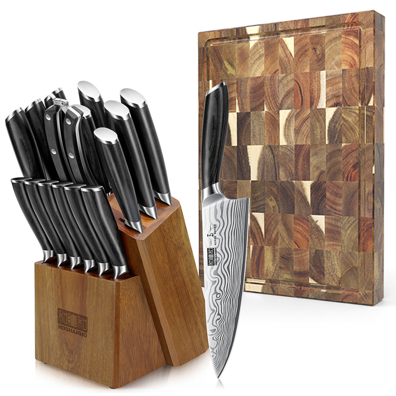 Ensemble de 17 couteaux avec planche à découper en bois massif