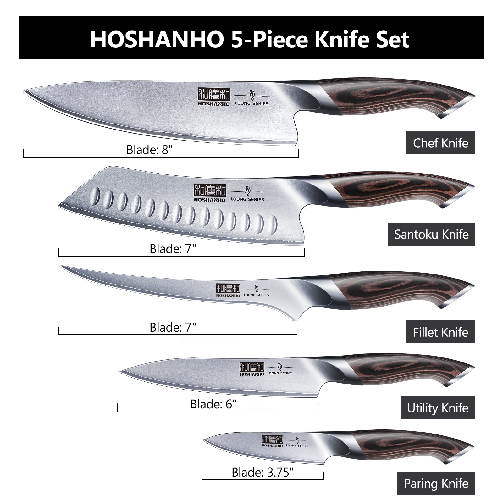 Juego de 5 cuchillos japoneses de acero inoxidable con alto contenido de carbono y mango de madera de pakka: cuchillos de chef ultraafilados. 