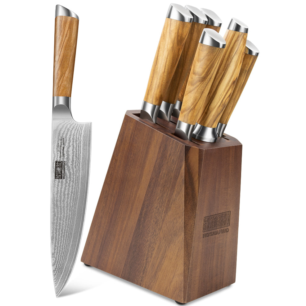 7-Piece Damascus Knife Set with Block – 67-Layer Super Steel Kitchen Knives for Cooking