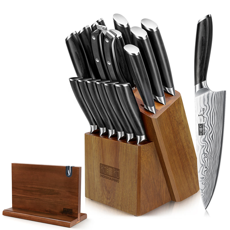 Ensemble de 17 couteaux avec bloc magnétique et manche en bois de pakka