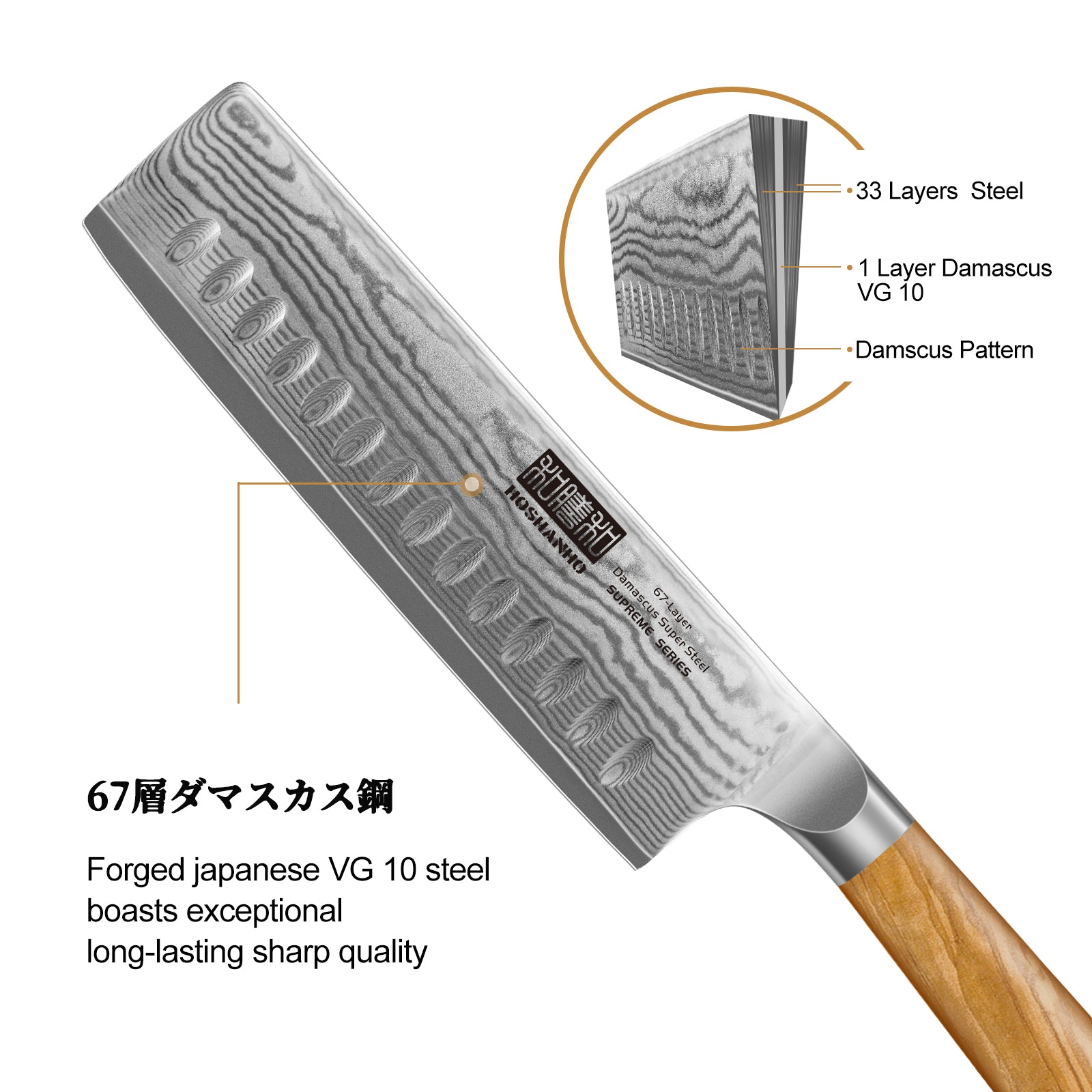 Cuchillo nakiri de Damasco de 6,5 pulgadas (VG-10, japonés, para cortar verduras y cortar carne) con mango de madera de olivo 
