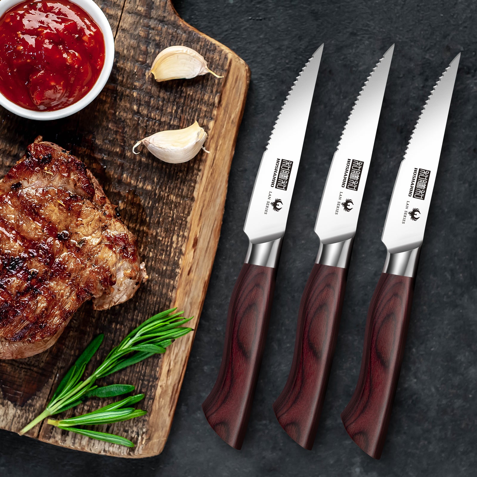 Juego de 8 cuchillos para carne: cuchillos dentados de acero inoxidable de alto carbono de 4,5 pulgadas con mango ergonómico de madera. 