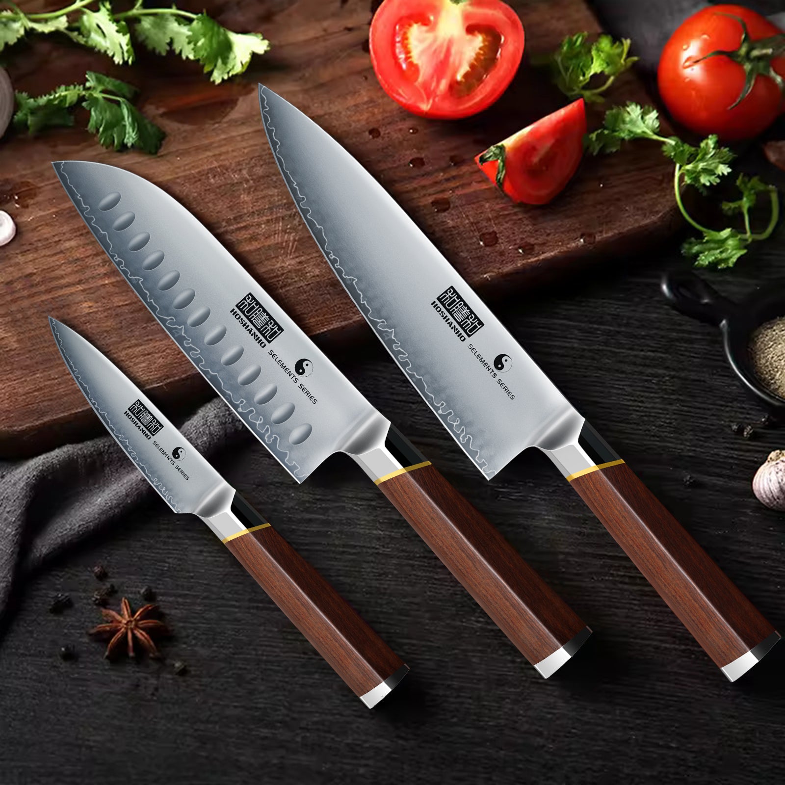 Juego de 3 cuchillos japoneses: cuchillos de chef ultraafilados con mango ergonómico de madera y caja de regalo 