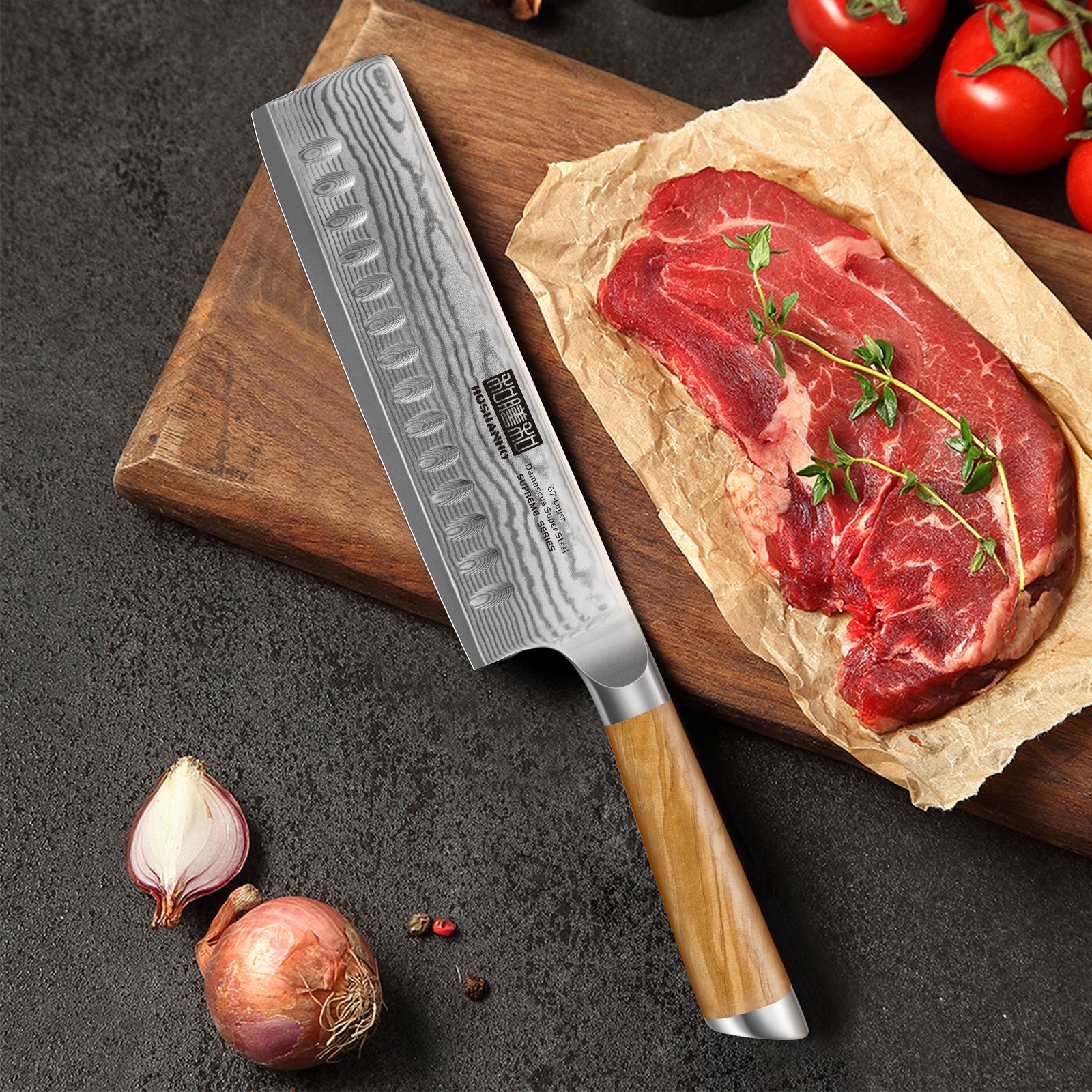 Cuchillo nakiri de Damasco de 6,5 pulgadas (VG-10, japonés, para cortar verduras y cortar carne) con mango de madera de olivo 