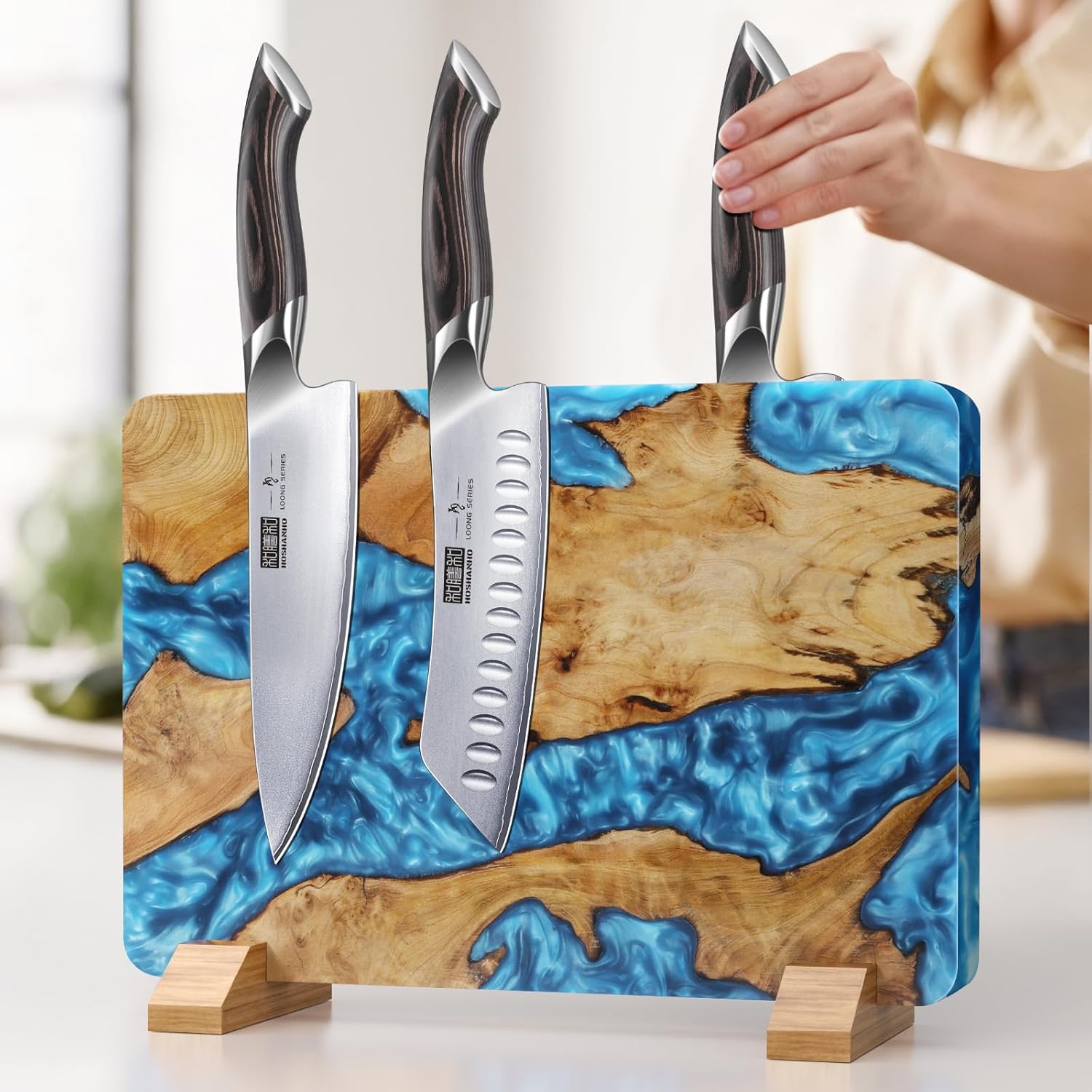 Resin Magnetic Knife Block with Acacia Wood Base