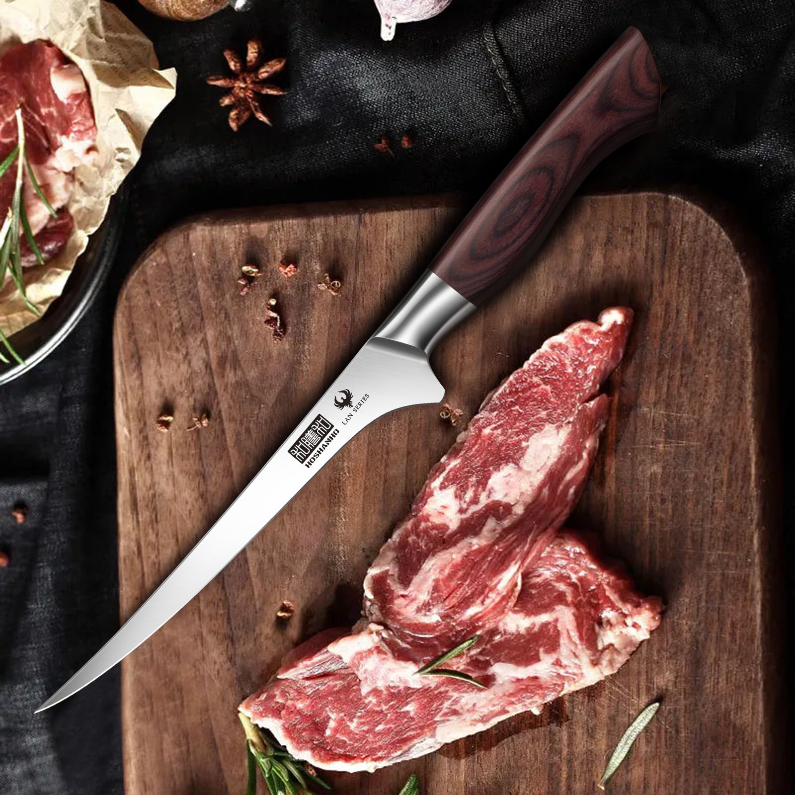 Cuchillo fileteador de 7 pulgadas: cuchillo japonés para deshuesar de acero inoxidable con alto contenido de carbono y mango de madera. 