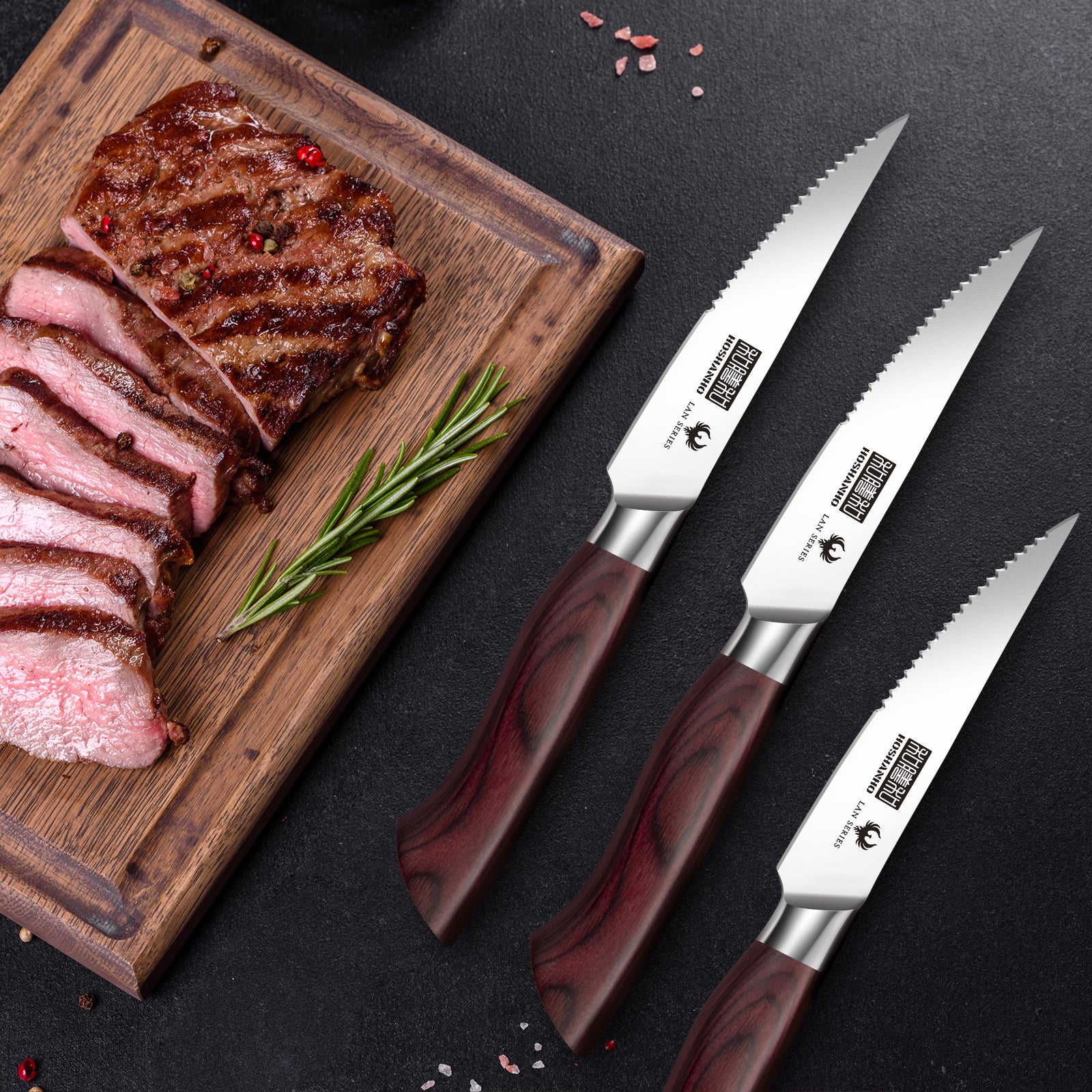 Juego de 8 cuchillos para carne: cuchillos dentados de acero inoxidable de alto carbono de 4,5 pulgadas con mango ergonómico de madera. 