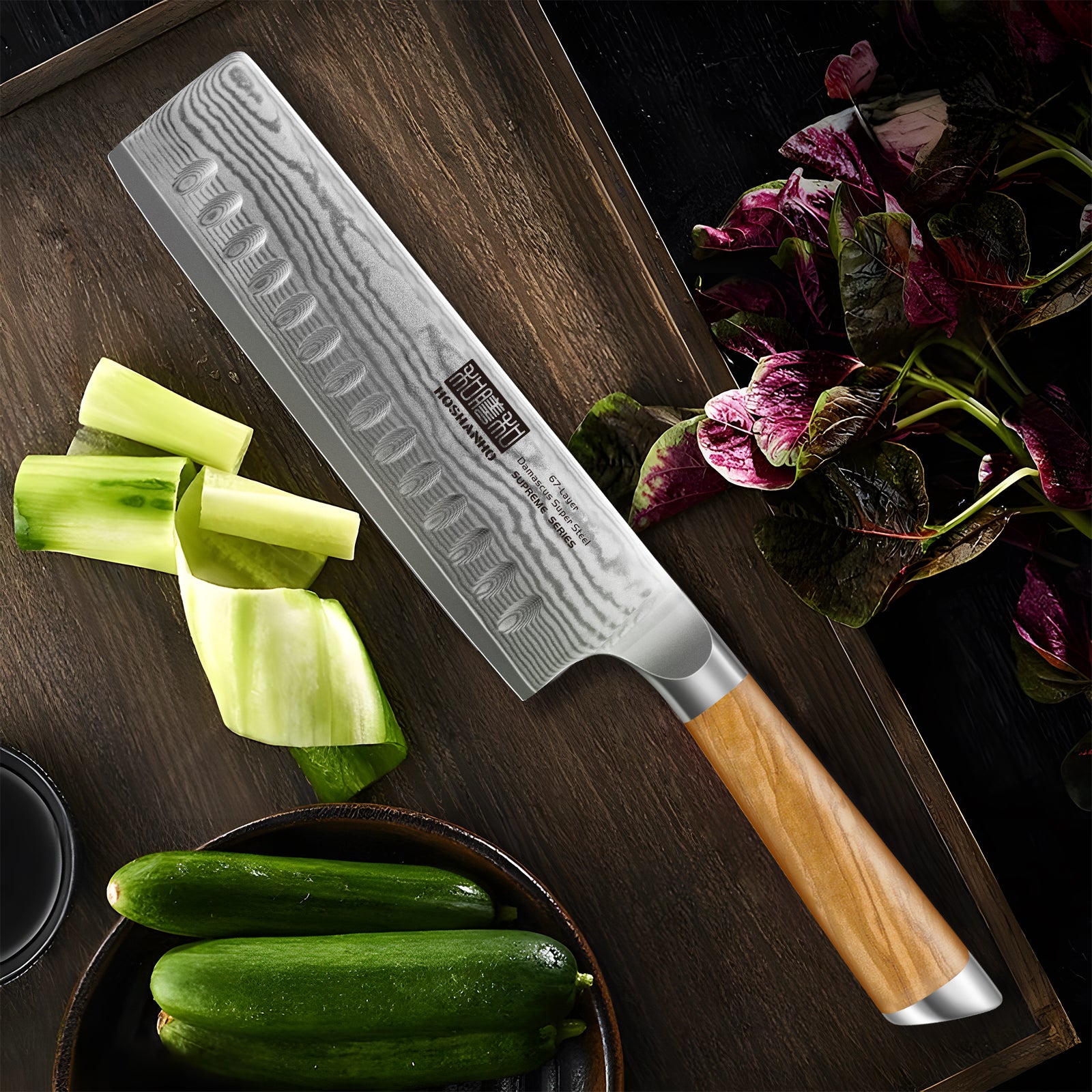 Cuchillo nakiri de Damasco de 6,5 pulgadas (VG-10, japonés, para cortar verduras y cortar carne) con mango de madera de olivo 