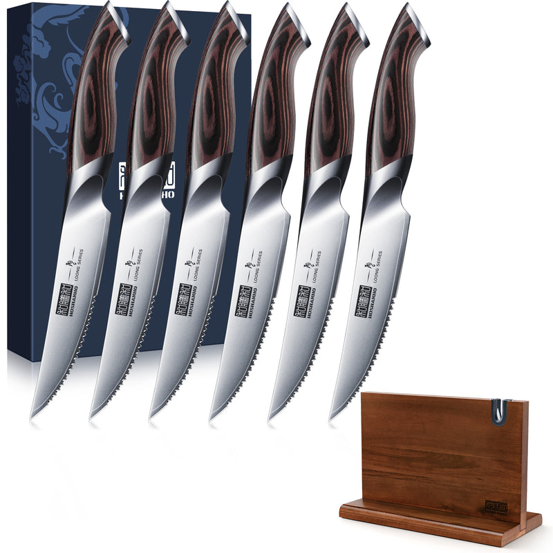 6-teiliges Steakmesser-Set – 4,5 Zoll lange japanische AUS-10-Messer mit Wellenschliff aus Kohlenstoffstahl mit ergonomischem Griff 