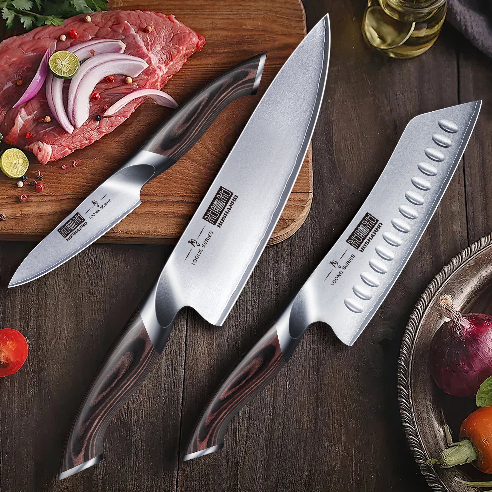 Juego de 5 cuchillos japoneses de acero inoxidable con alto contenido de carbono y mango de madera de pakka: cuchillos de chef ultraafilados. 