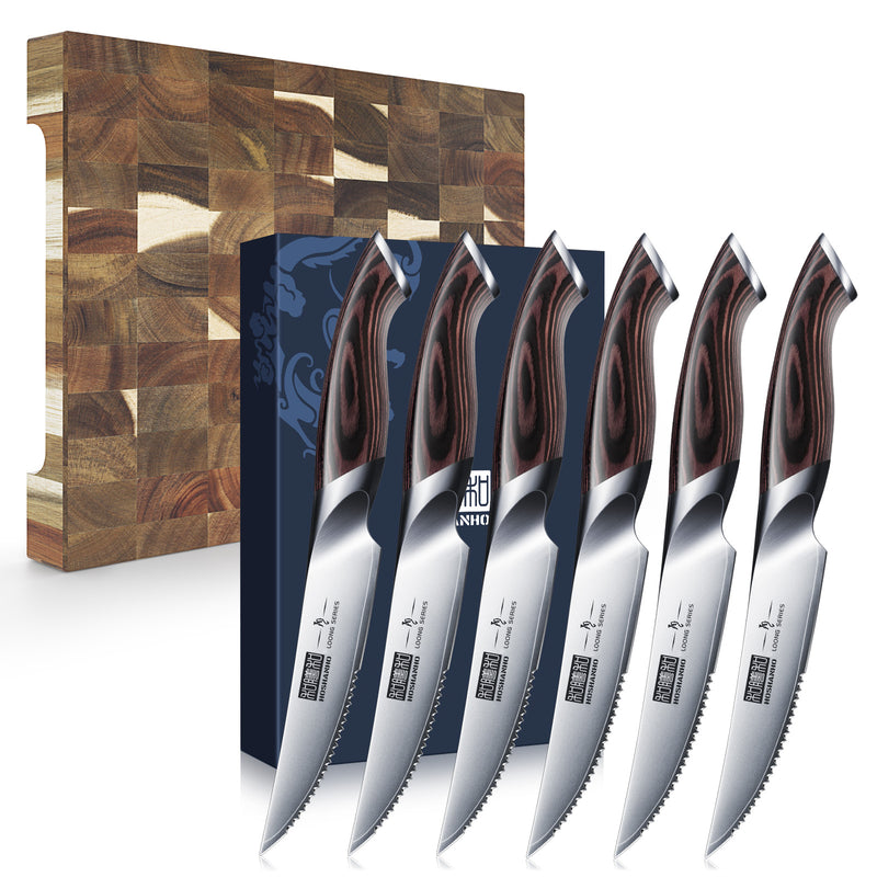 6-teiliges Steakmesser-Set – 4,5 Zoll lange japanische AUS-10-Messer mit Wellenschliff aus Kohlenstoffstahl mit ergonomischem Griff 