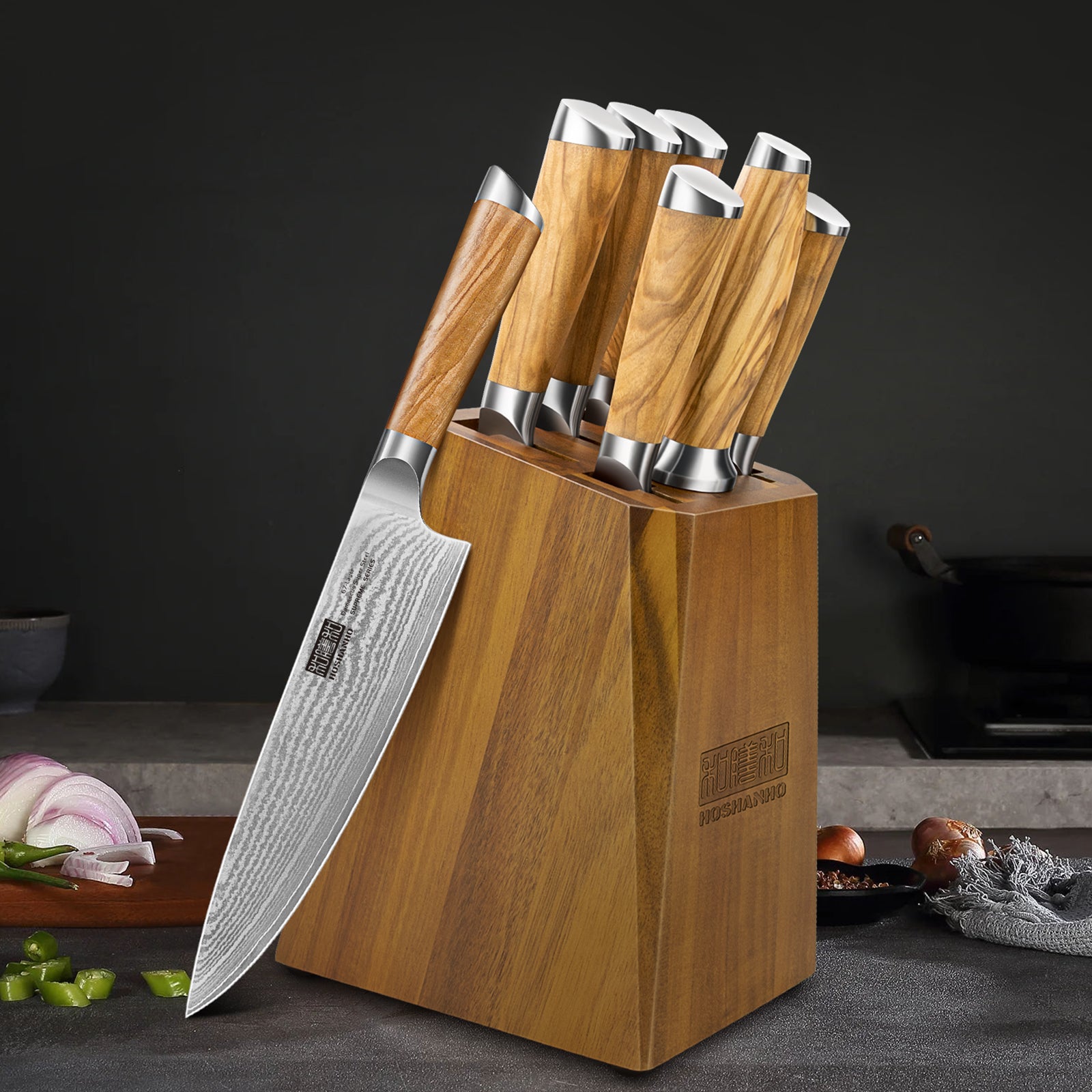 7-Piece Damascus Knife Set with Block – 67-Layer Super Steel