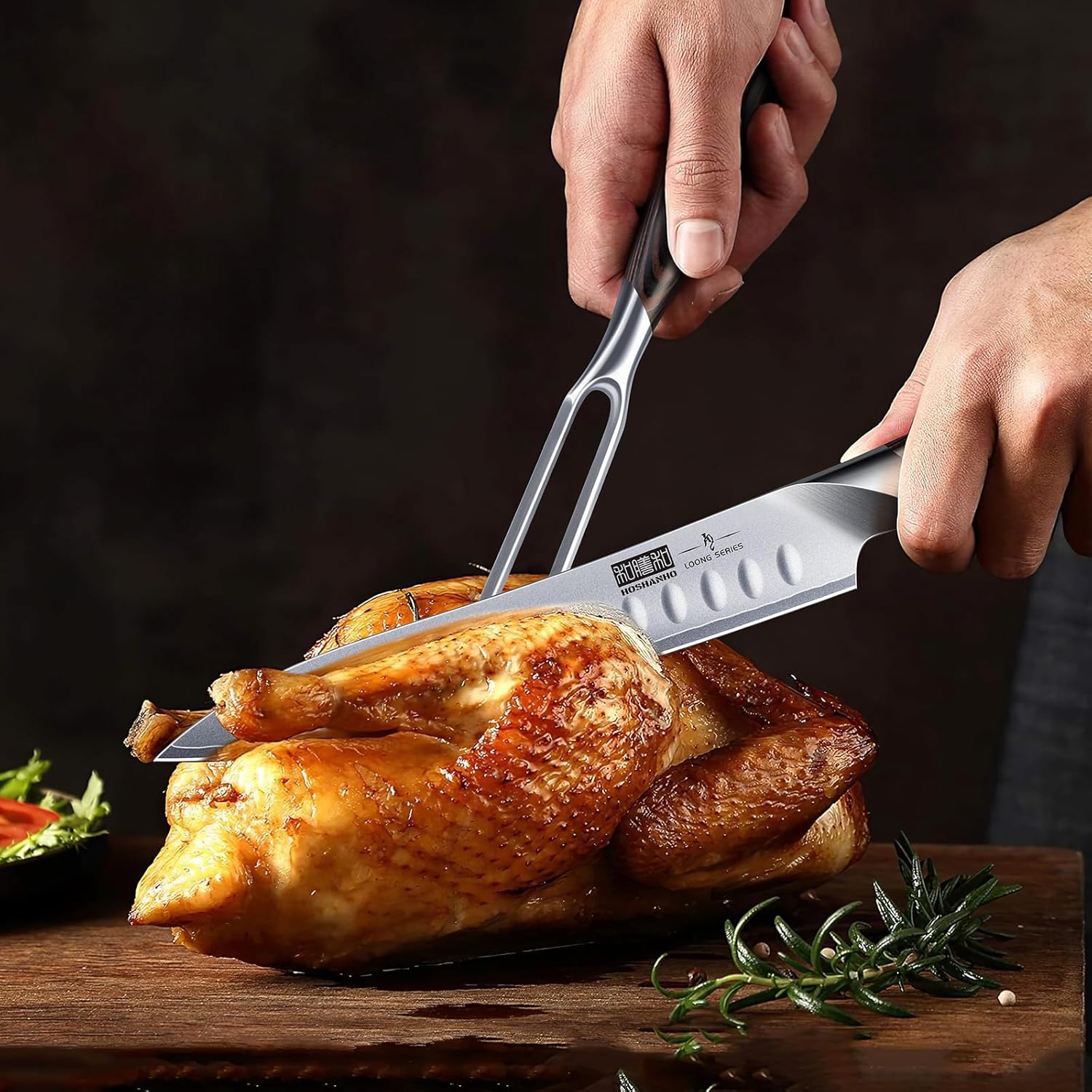 8" Carving Knife & 7" Fork Set Japanese High Carbon Brisket Slicer for BBQ