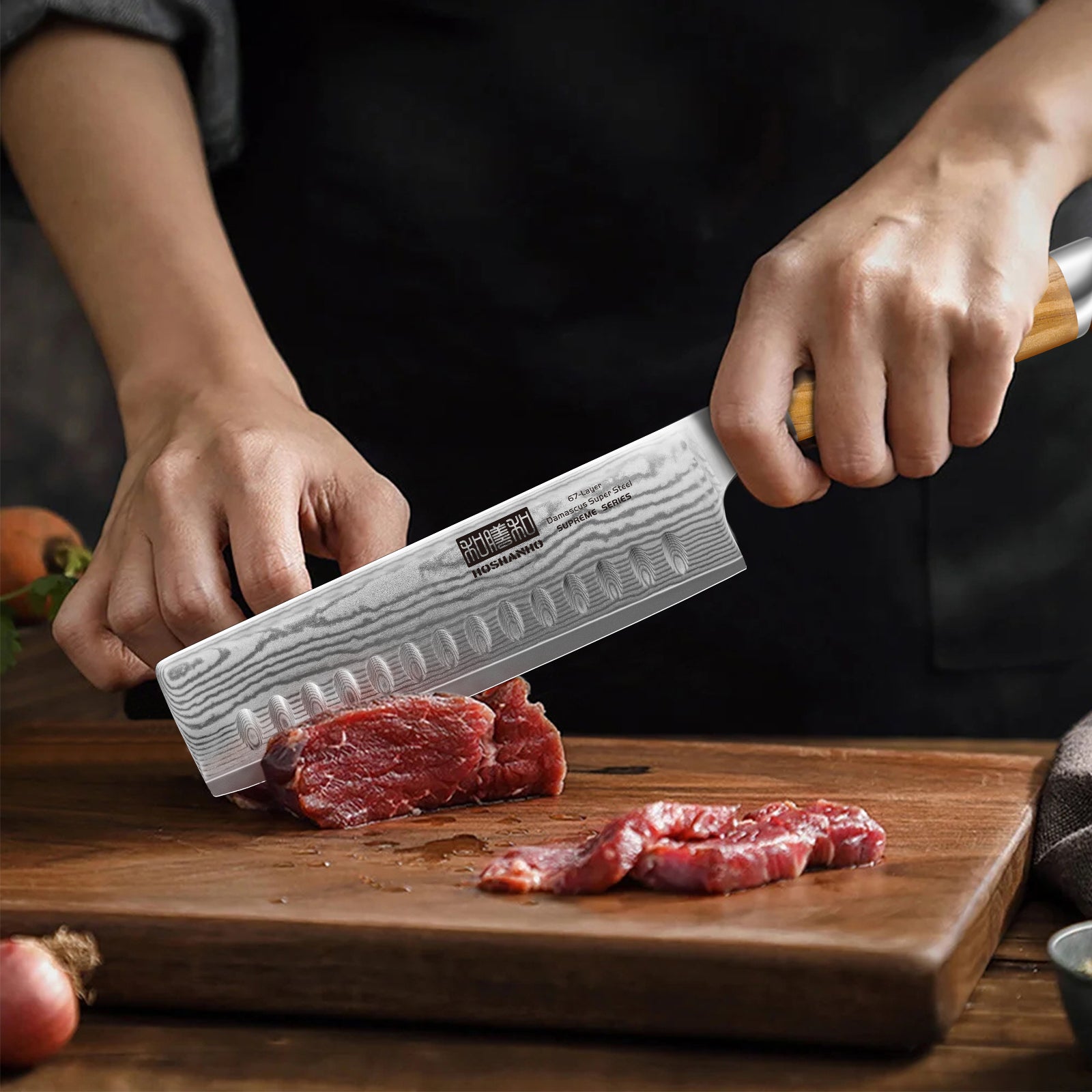Cuchillo nakiri de Damasco de 6,5 pulgadas (VG-10, japonés, para cortar verduras y cortar carne) con mango de madera de olivo 