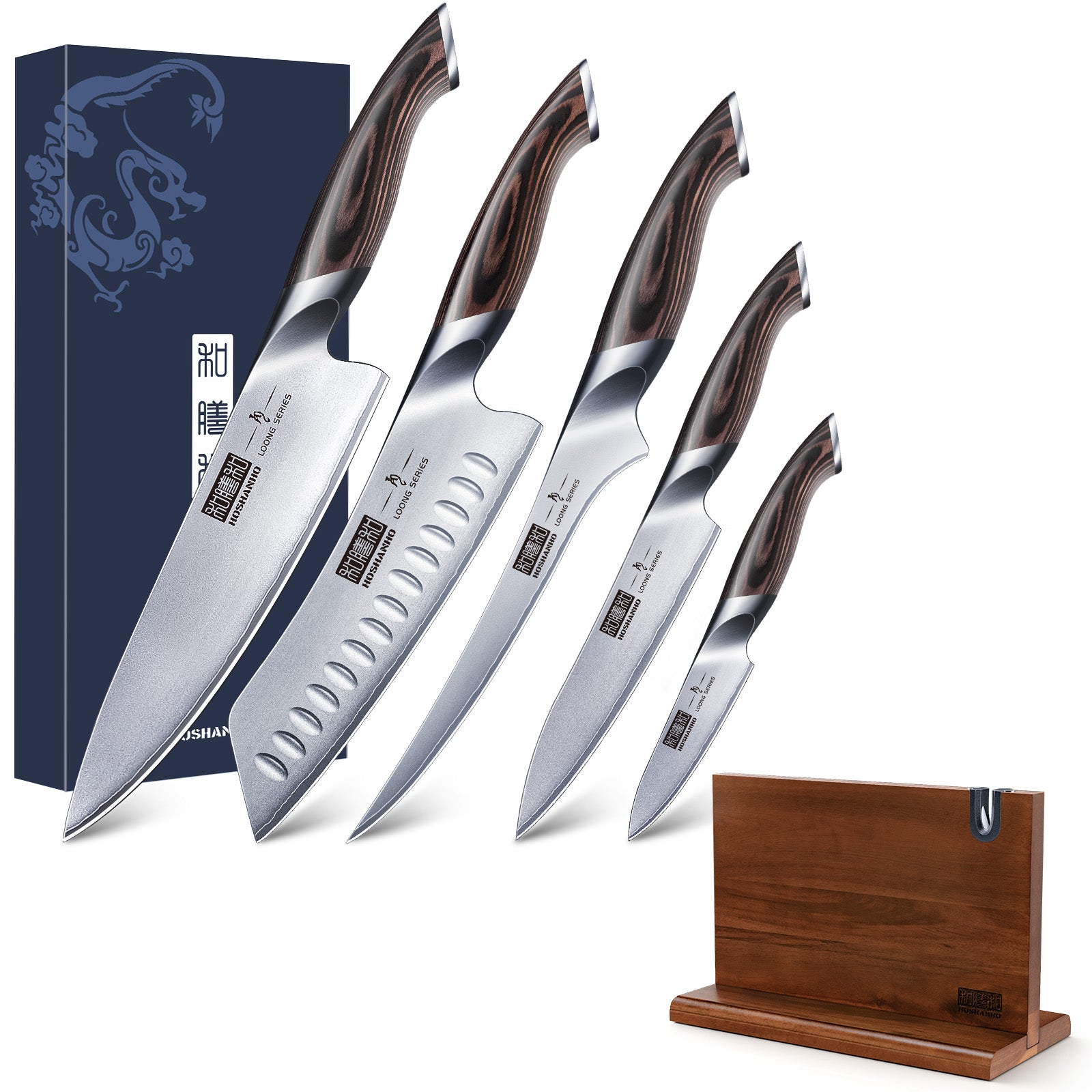 6-Piece Japanese Steel Knife Set with Magnetic Block & Pakkawood Handle