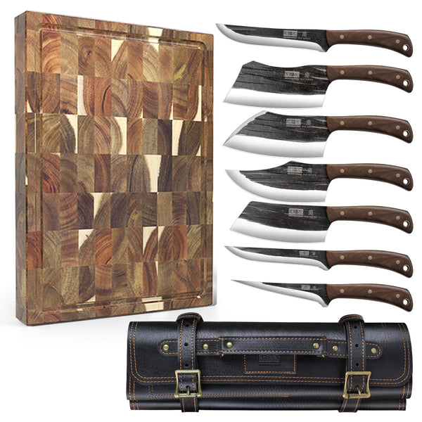 9-Piece Hand-Forged Butcher Knife Set with Premium Cutting Board