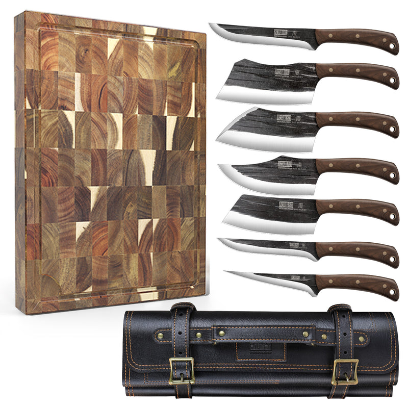 Ensemble de 9 couteaux de boucher forgés à la main avec planche à découper de qualité supérieure