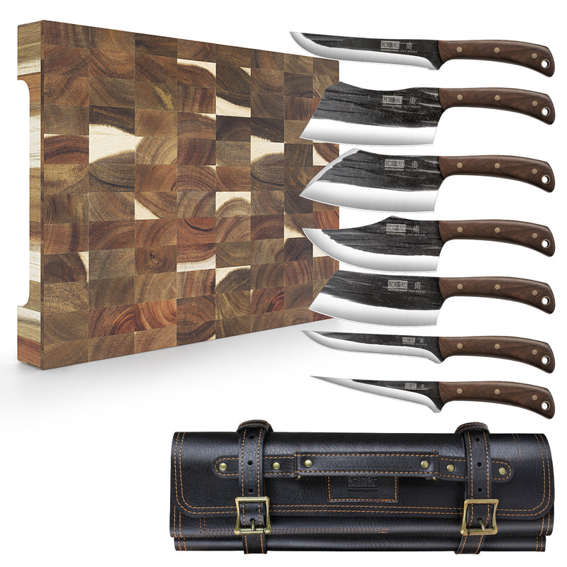 Ensemble de 9 couteaux de boucher forgés à la main – Planche à découper classique