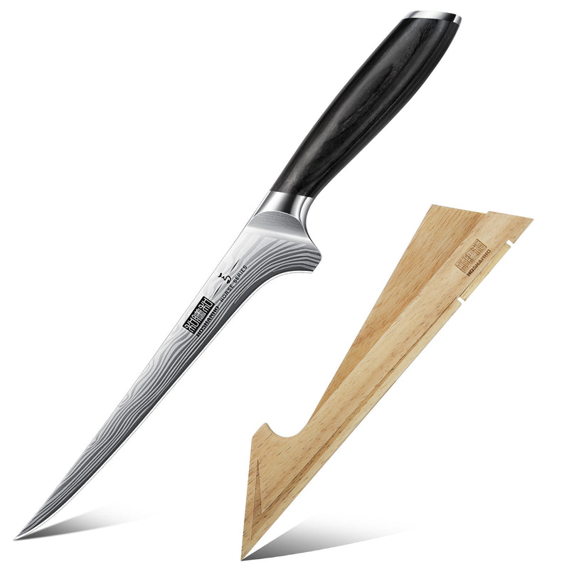 7-Zoll-Filetiermesser – Ausbeinmesser aus Kohlenstoffpulverstahl für Fleisch und Geflügel mit flexibler Klinge und Pakkaholzgriff 