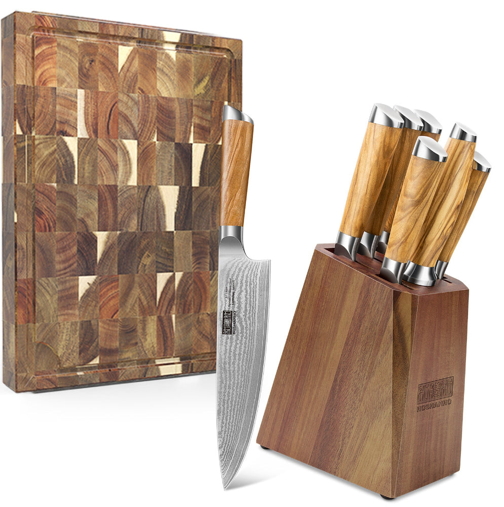 8-Piece Damascus Knife Set with Solid Wood Cutting Board