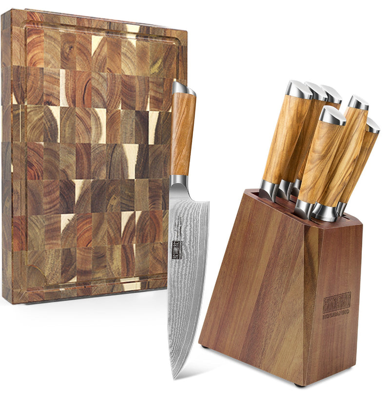 Ensemble de 8 couteaux de Damas avec planche à découper en bois massif